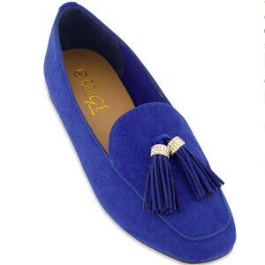 Rhinestone Tassel Detail Flats - blue suede